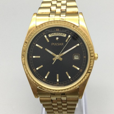 #ad Vintage Pulsar President Mens Watch 35mm Day Gold Tone V744 0A20 New Battery 7quot; $98.99