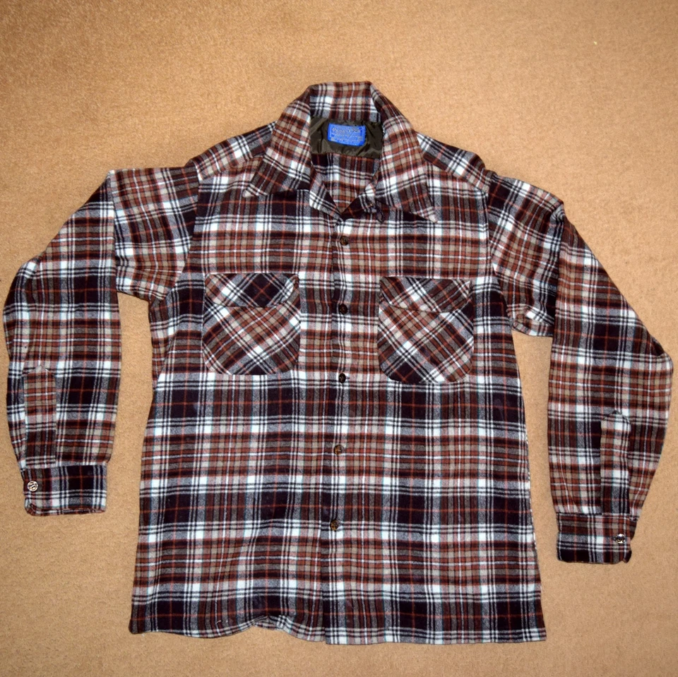 Vintage 1950s-1960s Brown Wool Checked Plaid Pendleton Board Shirt, Rockabilly - Image 2 of 4