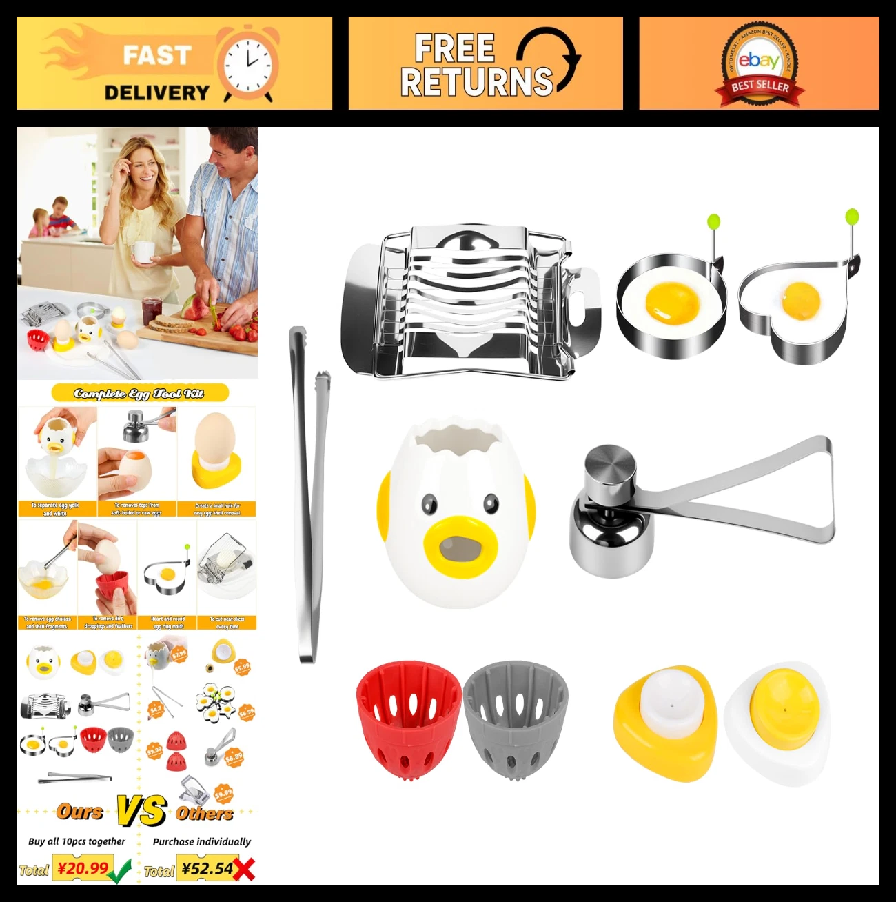 10-in-1 Egg Prep Tool Set: Chalaza Remover, Piercers, Fry Rings, Shell Opener &