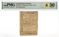 Continental Currency Fr#CC-22 February 17, 1776 $2/3 PMG VF-30 GCC Gold *Fugio*