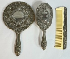 Vintage Silver Plate Vanity Set Mirror Brush Comb Ornate Floral Victorian Style