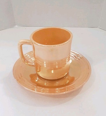 Vintage Fire King Anchor Hocking Oven Ware Peach Lustre D Handle Mug Tea Saucer