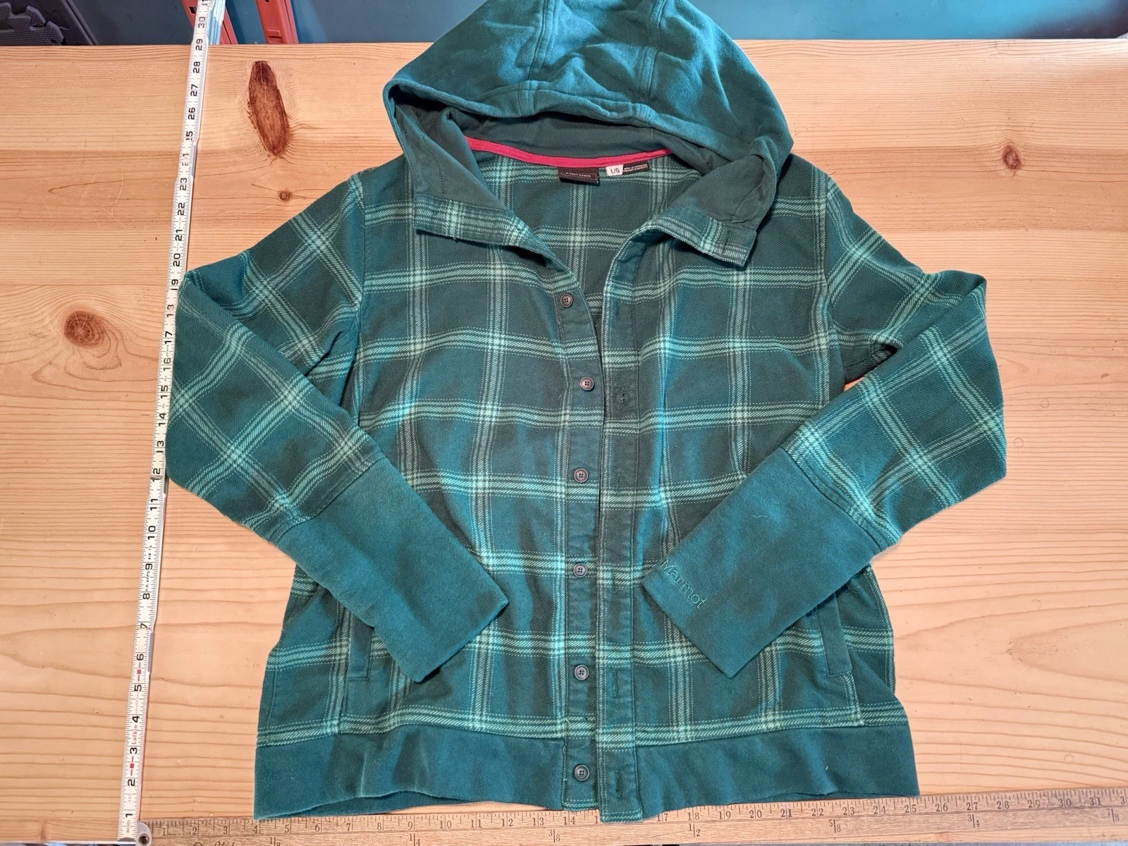 Marmot Hooded Button Down Flannel Shirt, Greens, Size L