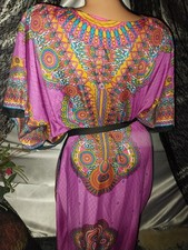 VTG SILKY CAFTAN OS PUCCI ESQUE BEADED GOLD MAXI FREEBUST DRESS OR NIGHTGOWN 58"