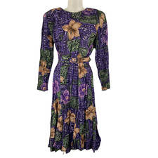 Phoebe Petites Dress Women 6 Purple Rayon Floral Tropical Elastic Waist Belt VTG