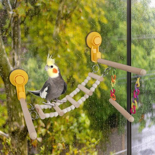 Suction Cup Wood Perch Toy Bird Gym Playground for Budgie Parakeet - Picture 7 of 9
