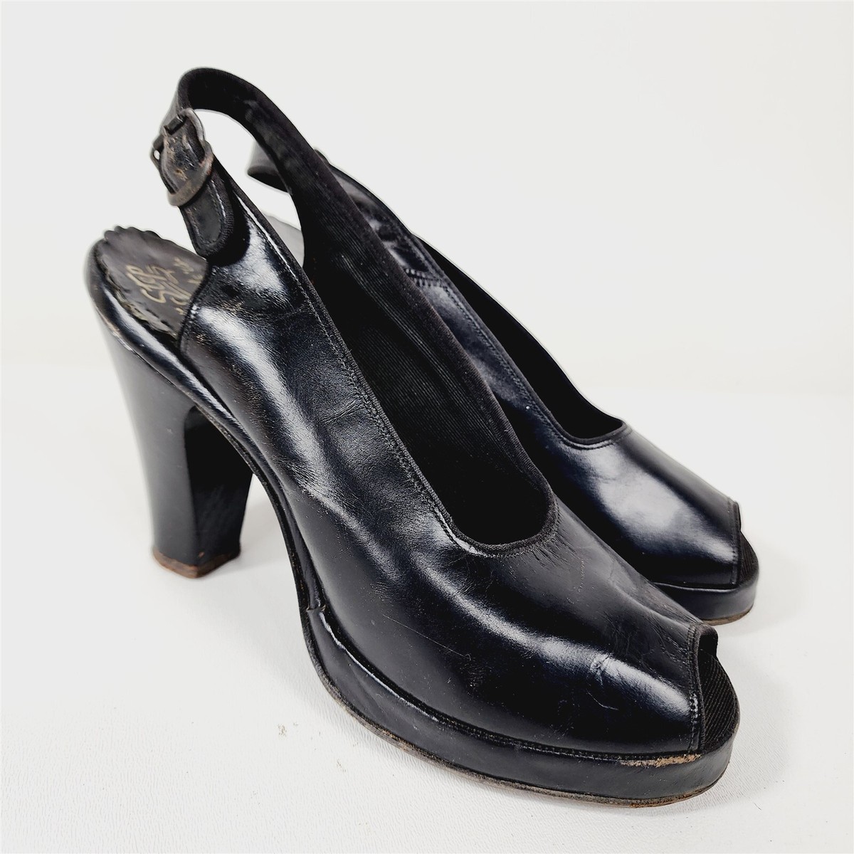 Vintage Velvet Step by Peters Black Peep Toe Shoes Slingback Heels