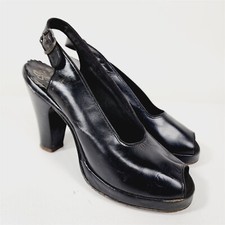 Vintage Velvet Step by Peters Black Peep Toe Shoes Slingback Heels Size 6.5