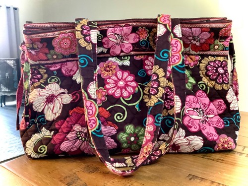 NEW!! VERA BRADLEY MOD PINK FLORAL BROWN LARGE TOTE SHOULDER BAG PURSE 14"x10” - Picture 2 of 24
