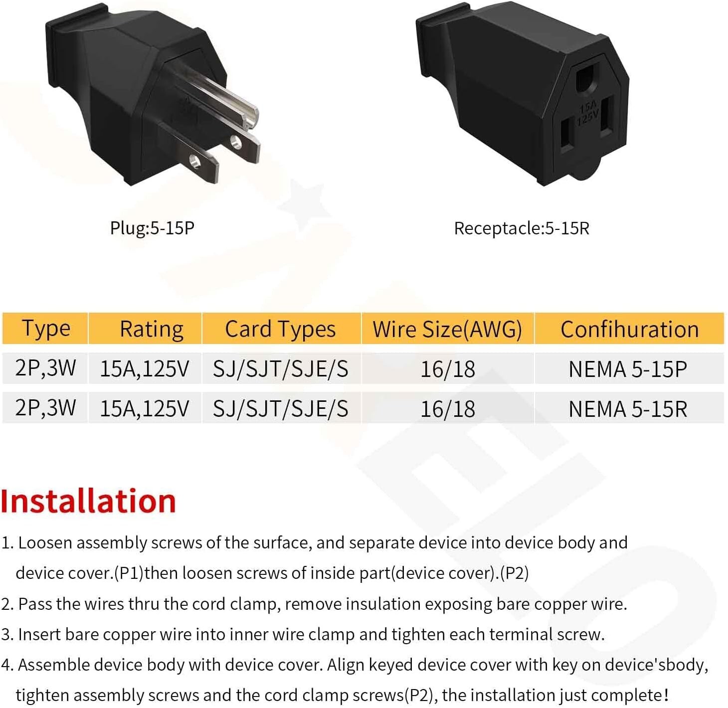 Quality Black Male & Female Connector Set for 15A Extension Cords - 5 Piece Pack