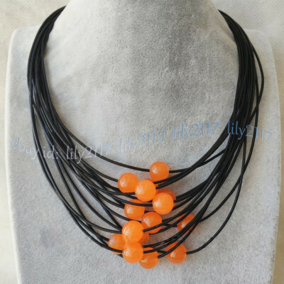 15 Rows Black Leather 12mm Orange Jade Round Gemstone Beads Necklace 17-20 inch