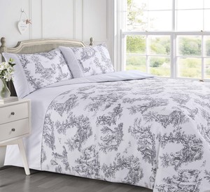 French Toile Grey White Waffle Duvet Quilt Cover Bedding Set