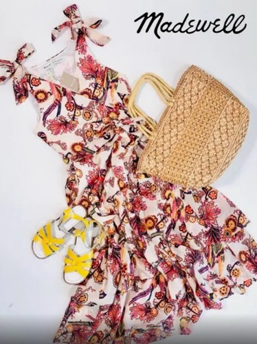 Madewell x Banjanan Wrap Ruffle-Hem Midi in Parrot Bird Print Dress Medium M EUC - Picture 2 of 7