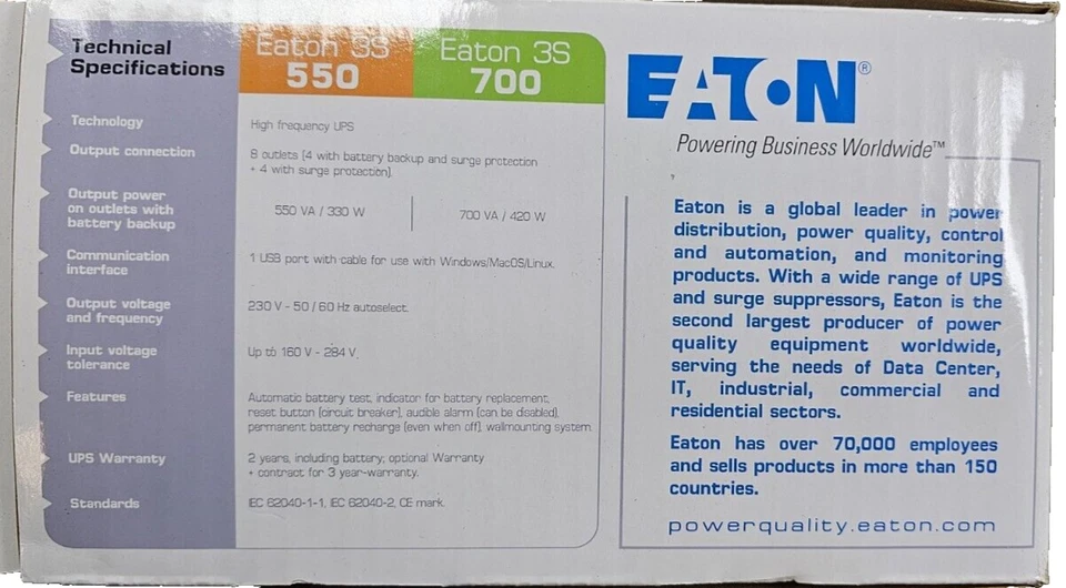 Eaton 3S (3S700IEC) 700VA 420W 230V Offline UPS Battery Backup w/ Surge Protect - Image 4 of 4