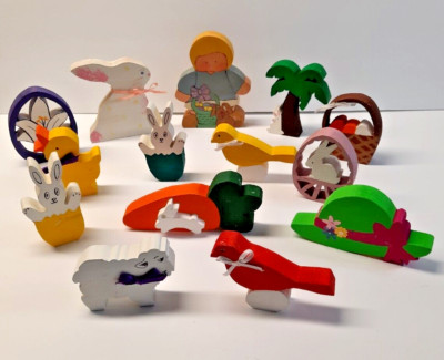 Handcrafted Wooden Easter Shaped Ornaments Decor Hand Painted Bunnies Birds Etc.