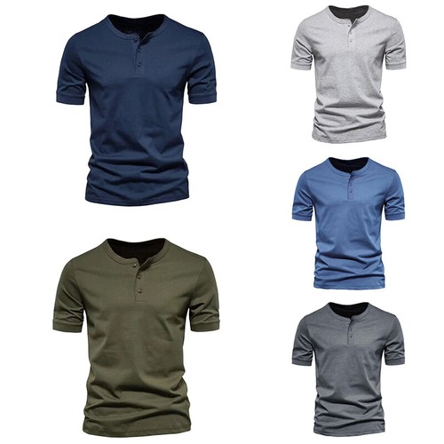 Mens Short Sleeve V Neck Henley Shirt Casual Baggy Button Pullover Tops T Shirt - Picture 4 of 20