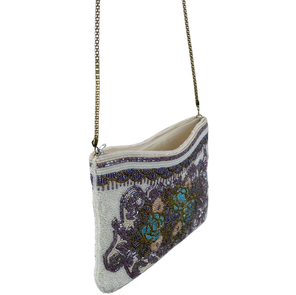 Bolso sin asas de noche vintage Le Regale marfil y púrpura con correa de cadena con cuentas para mujer talla S Foto 4 de 4
