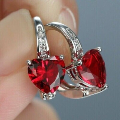 Heart Simulated 3Ct Red Ruby & Diamond Drop/Dangle Earring 14K White Gold Plated