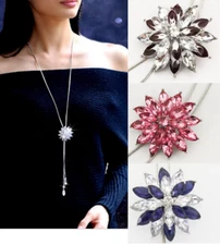 New Women Long Silver Tassel Cluster CZ Flower Pendant Necklace Chain Sweater SC
