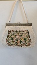 Vintage Petit Point Beaded Floral Purse With Beaded Handle, Item 573M