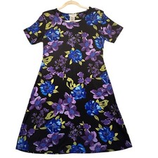 Vintage White Stag Floral Print Dress Stretch Short Sleeve Purple Blue Women's M
