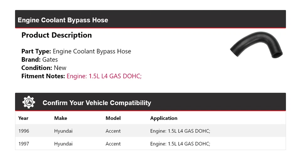 Puertas de manguera de derivación de refrigerante de motor DOHC de gas L4 1,5 L 1996-1997 Hyundai Accent Foto 2 de 4