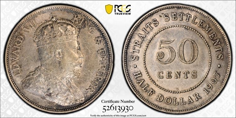 1907-H Straits Settlements 50 Cents PCGS AU55 Lot#G922