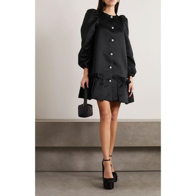 Sleeper Mistery Ruffled Satin Mini Dress Long Puff Sleeve Party Black XS NWT