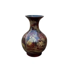 Chinese Brown Lacquer Golden Scenery Decorative Wood Vase Art ws4764