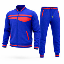 Men's Blue Tech Fleece Tracksuit Zip Up Top Bottom Matching Joggers Streetwear