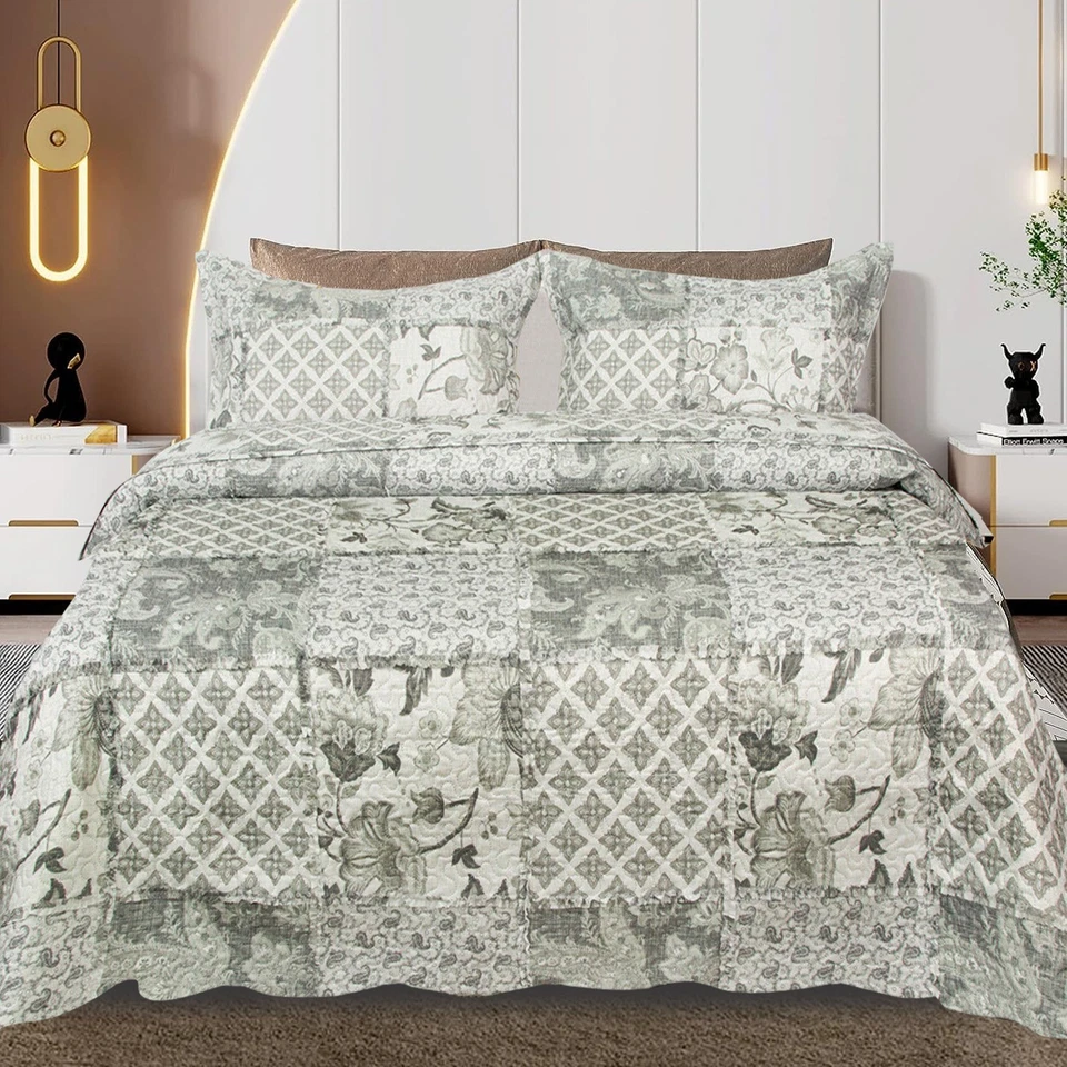 3 PCS Quilted Patchwork Bedspread Bed Throw Bedding Set Single Double King Size - Image 3 of 4