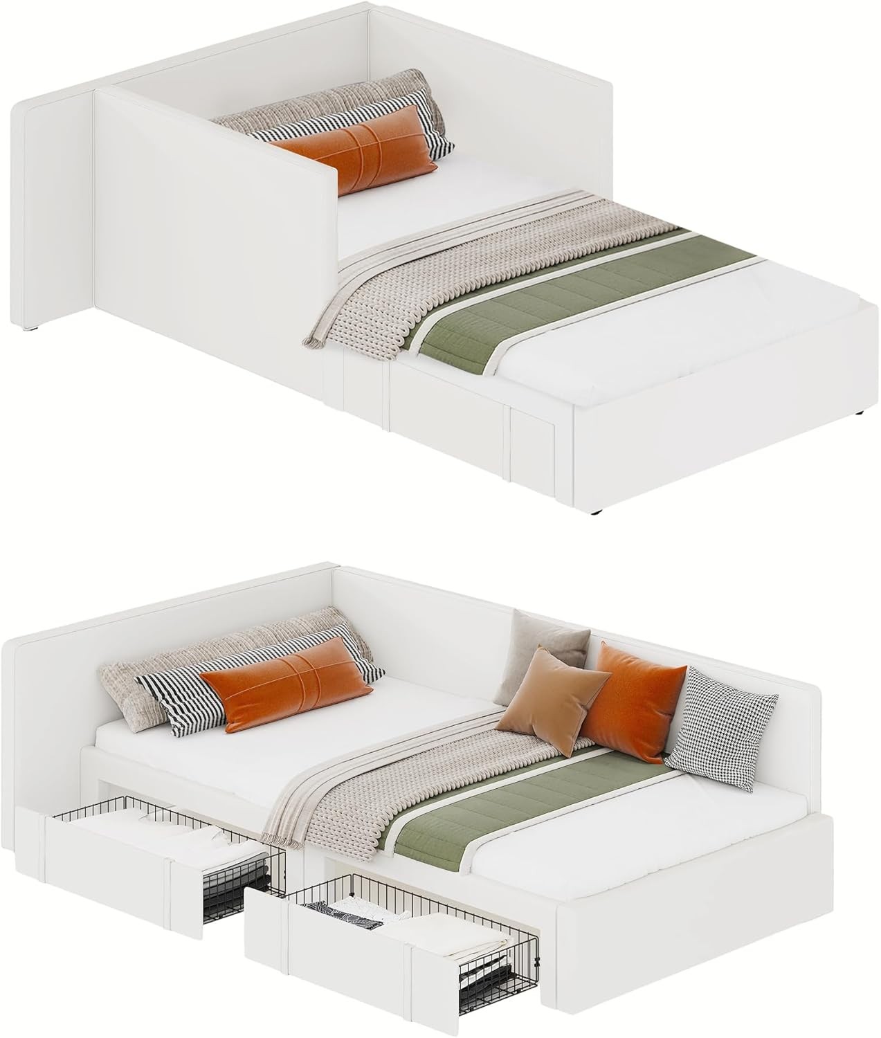 Kids Modern Storage Drawers Twin Daybed Upholstered Corner Bed Frame Headboard