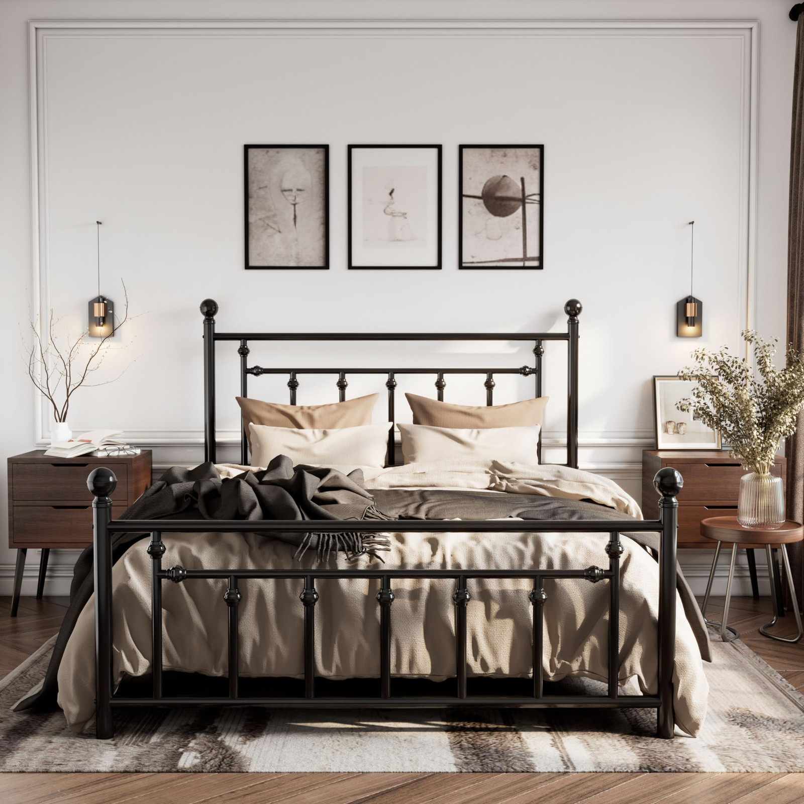 14'' Queen Size Metal Platform Bed Frame/Victorian Headboard and Footboard/St...