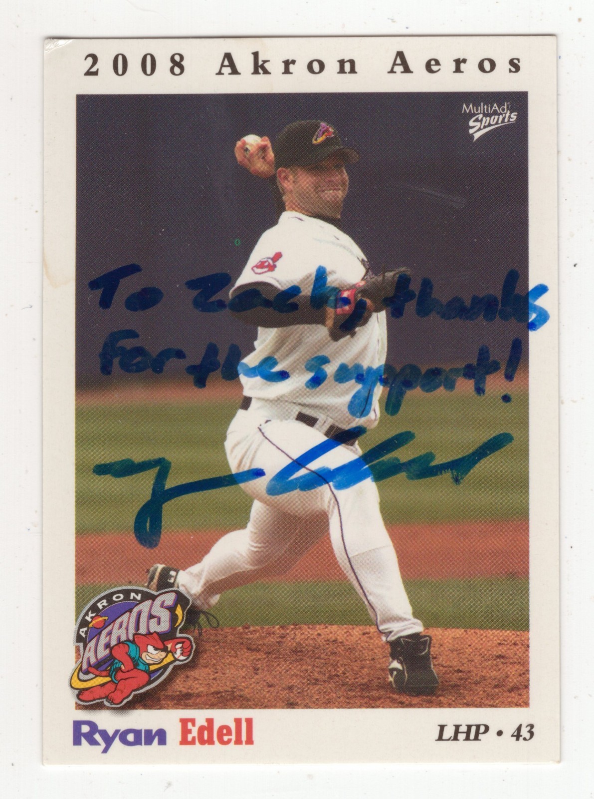 2008 Akron Aeros #43  RYAN EDELL IP Signed Card Autograph + Inscription
