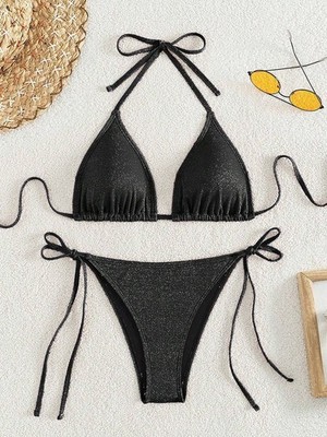 Swim Mod Ladies' Summer Beach Shiny Plain Halter Halter Sexy Two Piece Bikini