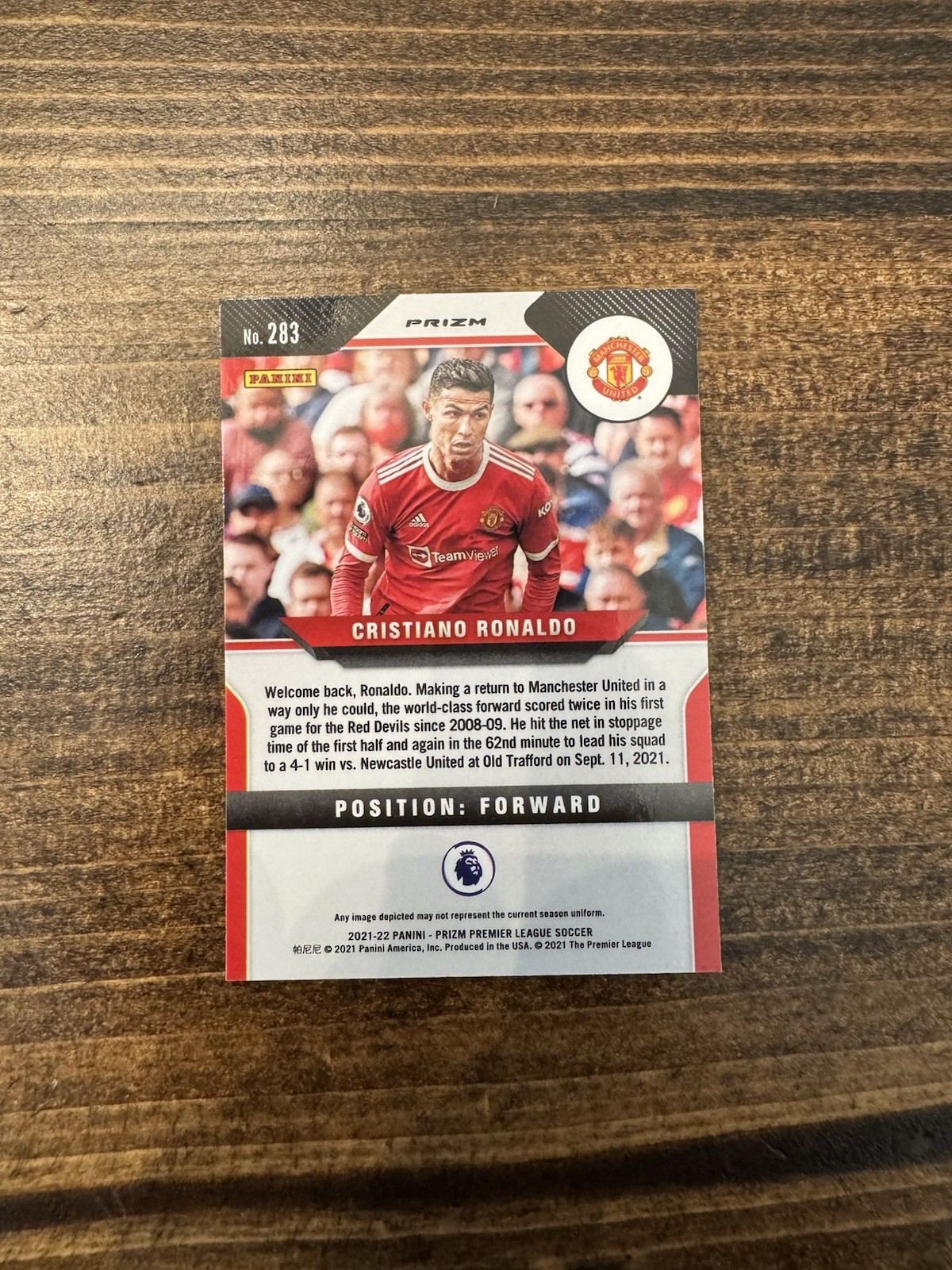 Panini 2021-22 Prizm Premier League Cristiano Ronaldo #283 Red Ice Prizm Man Utd view 6