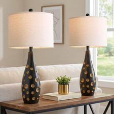 Set of 2 Modern Gold Table Lamps with Linen Shade for Living Room Bedroom