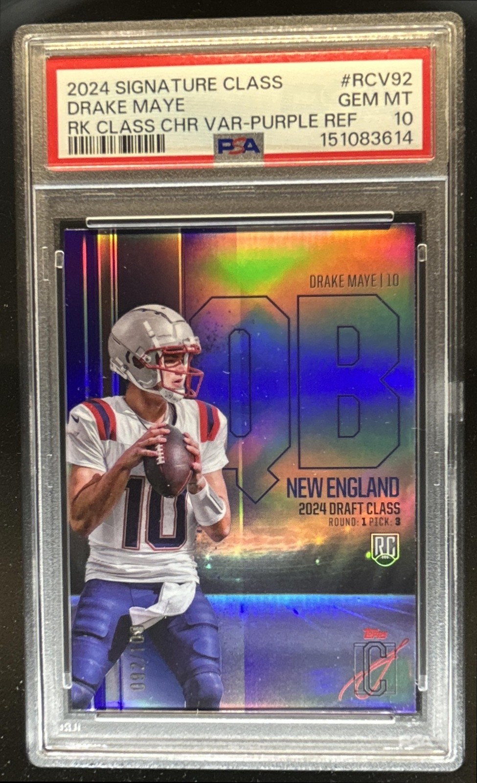 2024 Topps Class Drake Maye Rookie Chrome Variations Purple #/100 PSA 10