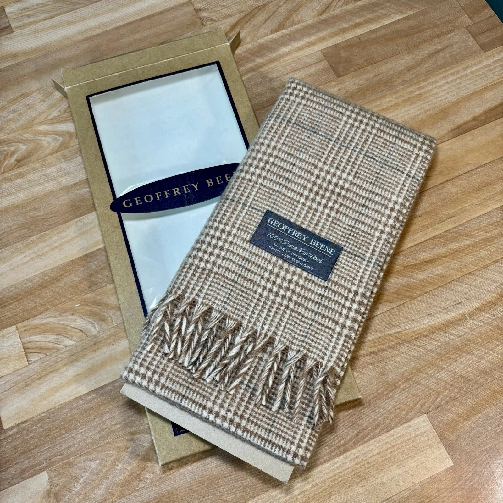 Geoffrey Beene Scarf Men Brown PLAID Preppy 100% Lambswool Grandpacore 56x11 NIB