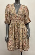 Zimmerman Freja Shirred Waist 100% Linen Boho "Jadore Paisley" Mini Dress Size M