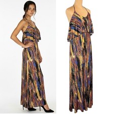 Veronica M Flowy Printed Maxi Dress Sz M Multi Halter Open Back Boho Ruffle
