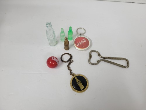 Vintage Coca-Cola Memorabilia lot of 8 keychains, marble, mini bottles