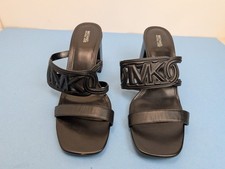 Michael Kors Alma Mid Block Heel Slide Sandal Leather Black Sz 11
