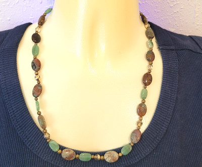 Brown and Green Stone Bead 20'' Necklace Artisan Made One Of A Kind