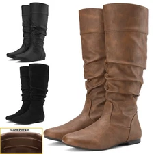 Rollda SUEDI Women's Slouchy Knee High Boots Semi-Zipper Flat Boots Card Pocket