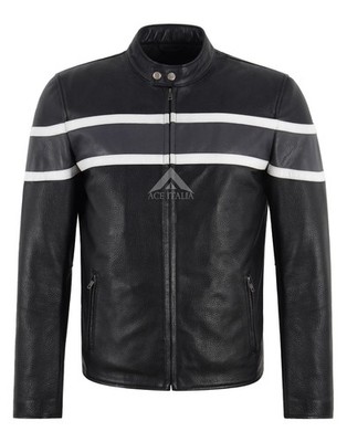Men's Cafe Racer Biker Leather Jacket Pebble Grain Black Style Motocross Jacket