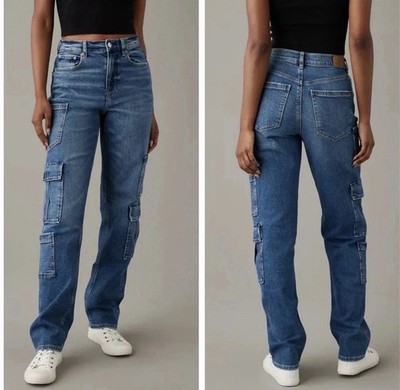 American Eagle Womens Cargo Super High Rise Baggy Straight Jeans Size 6
