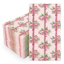 Whaline 100Pcs Pink Bow Christmas Napkins Holly Berry 7.8 x 4.3 inch,