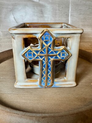Celtic Style Cross Votive Candle Holder Blue and Gold, Rustic, EC, Cube ceramic