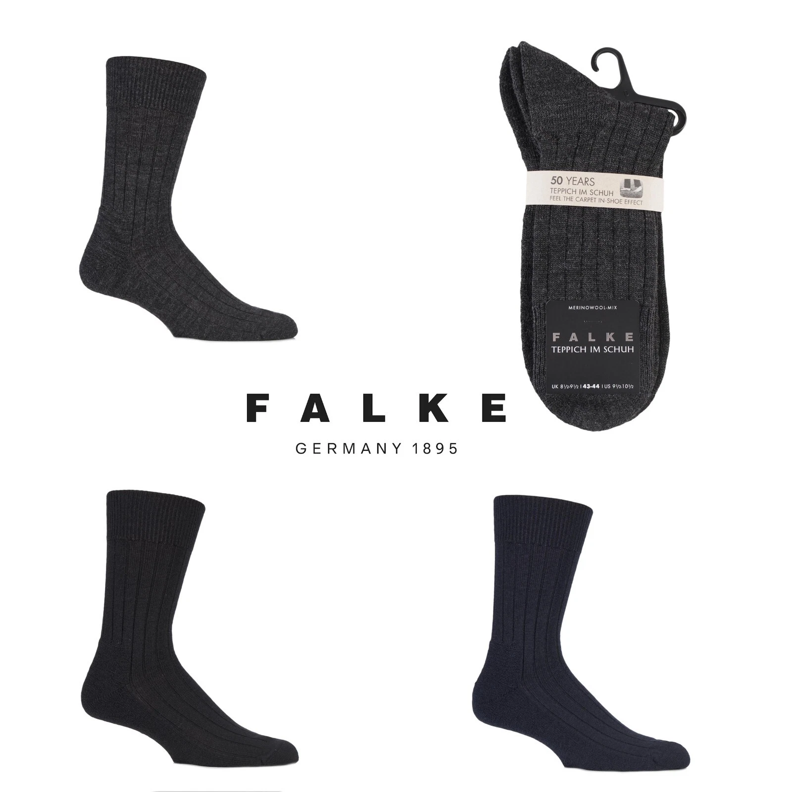 FALKE Socks Mens Virgin Wool Ribbed Teppich Im Schuh Carpet In Shoe- 1 Pair Pack
